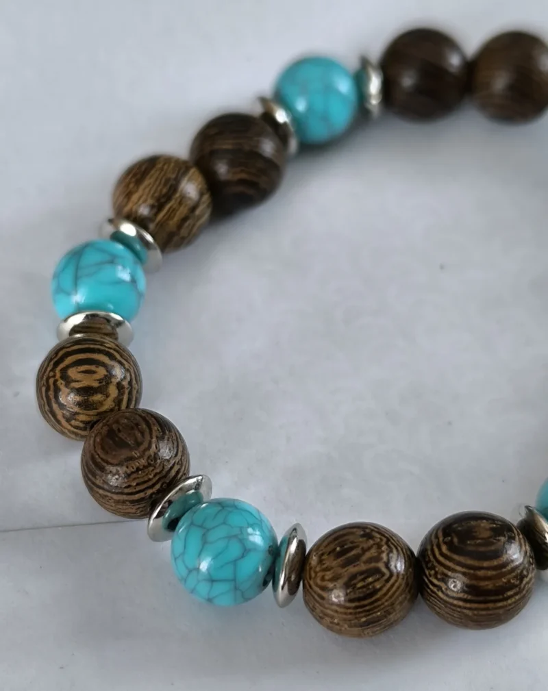 Boho Natur Perlenarmband – Holz & Türkis – Bild 2