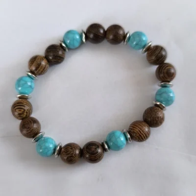 Boho Natur Perlenarmband – Holz & Türkis
