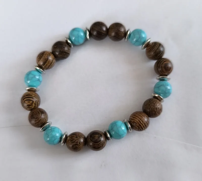 Boho Natur Perlenarmband – Holz & Türkis